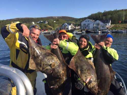 4 happy fishermen showing the halibuts they cought